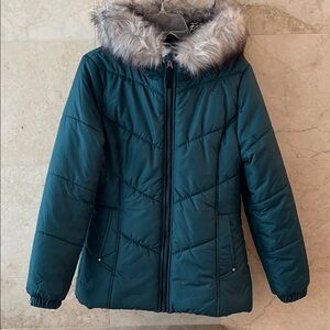 Teal Puffer Jacket with Faux Fur Hood, Girl Size L (14-16)